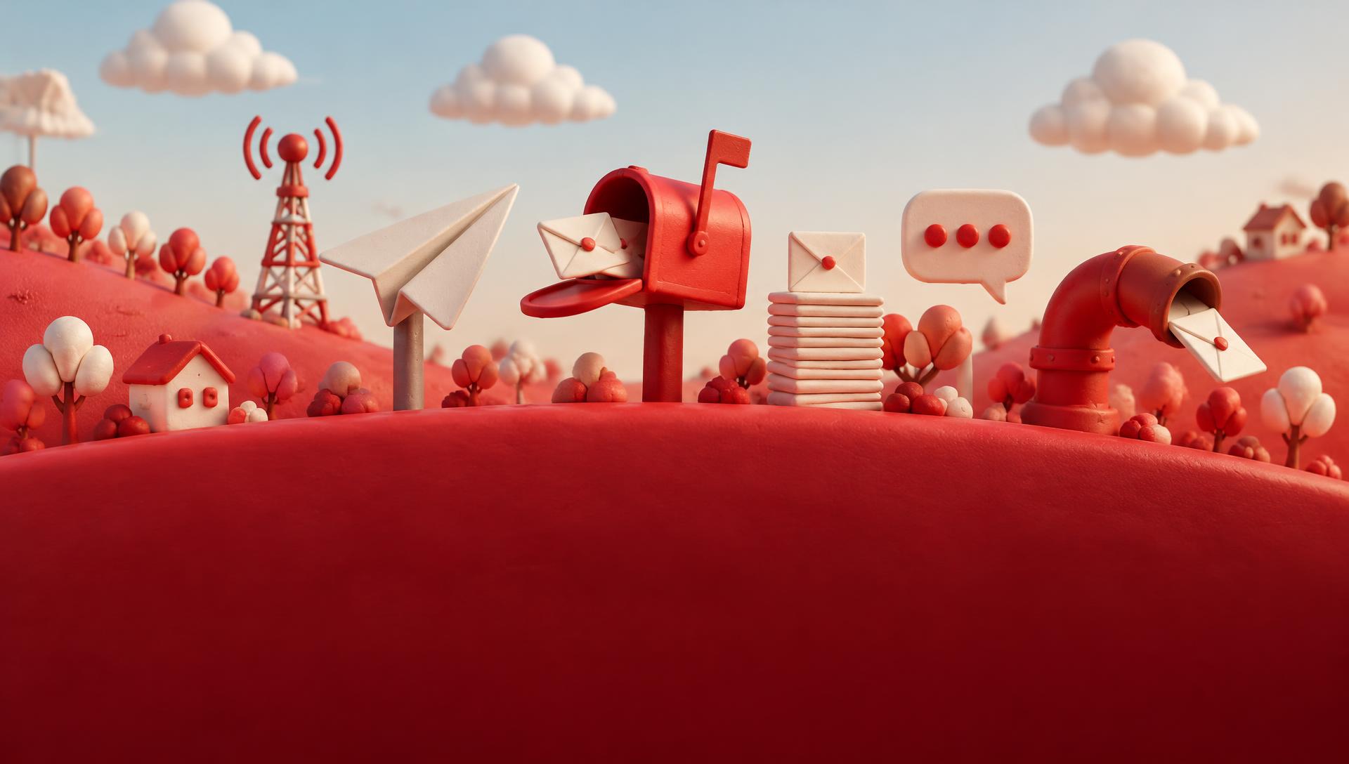Clay illustration of a red mailbox, paper plane, envelopes and chat bubbles on rolling red hills